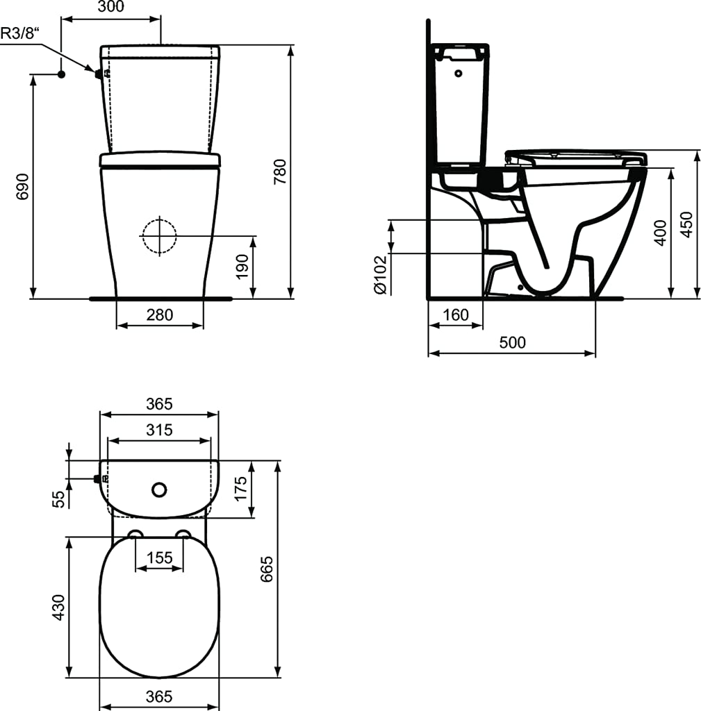 Ideal Standard CONNECT ARC Pack WC Prêt à poser Blanc, Cuvette, Abattant Simple, Réservoir forme Arrondie certifié NF, Chasse 3/6L, Sortie Horizontale, Kit fixations, Alimentation Latérale E716001