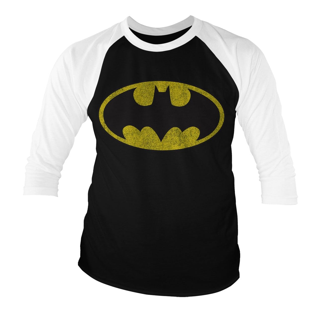BATMAN Officially Licensed Distressed Logo Baseball 3/4 Sleeve T-Shirt (White-Black), Medium