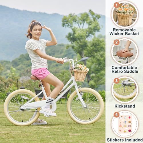 Image of Petimini Vintage Kids Bike for Girls, 12-20 Inch Classic Bicycle with Wicker Basket & Bell, High Tensile Steel Frame, Training Wheels (12-18 inch), 85% Pre-Assembled, Retro Bike for Outdoor Riding