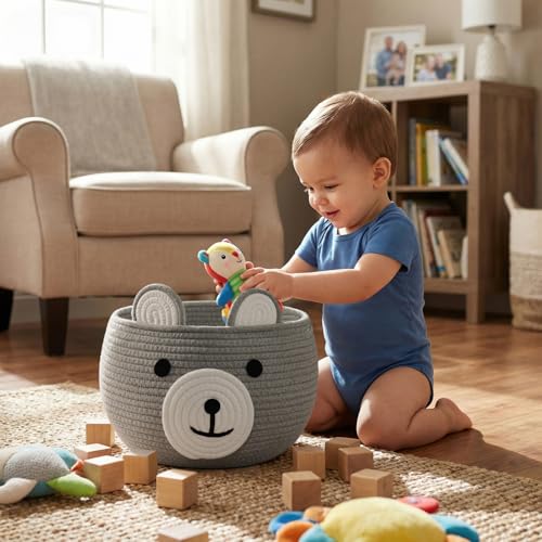 Image of CherryNow Baby Basket for Nursery, Bear Gift Baskets Empey for Kids, Diaper Caddy Baby Shower Basket, Cute Animal Baskets for Toy Storage, Light Grey, 10.5 inchD x 8.5 inchH