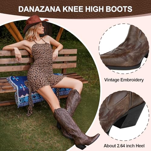 Knee High Cowgirl Boots Women Wide Calf Rhinestones Cowboy Boots Lady Pointed Toe Chunky Heel Embroidered Sparkly Boot With Side Half Zip Country Sparkle Boot Size 6-112