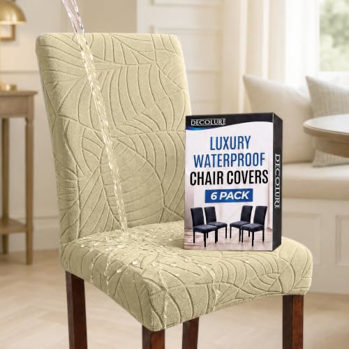 Waterproof Dining Chair Covers Set of 6 - 3 Layers Thick Fabric Parsons Chair Slip Covers - Jacquard Kitchen Chair Covers & Stretch Protectors for Dining Room, Restaurant - Removable Washable (Beige)