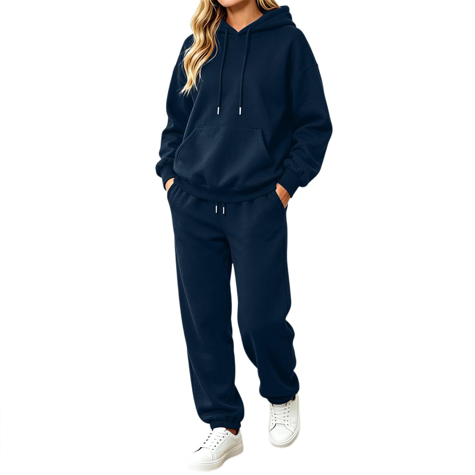 Generisch Tuta sportiva da donna, casual, in pile, invernale, a maniche lunghe, con cappuccio e pantaloni da jogging, in due pezzi, in maglia, taglie forti, comoda abbigliamento per il tempo libero