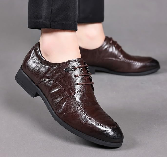 Men's Genuine Leather Oxford Shoes Retro Pointed Chunky Heel Non-Slip Business Dress Shoes Derby Shoe for Men2