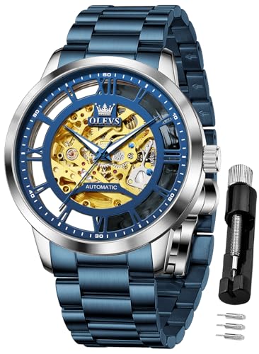 Image of OLEVS Men’s Skeleton Watch Automatic Mechanical Self Winding Luxury Dress Stainless Steel Waterproof Luminous Wrist Watches