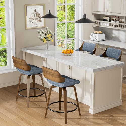 Image of YaFiti Bar Stools Set of 4, 26 inch Swivel Counter Height Barstools with Bentwood Back and Legs, Mid Century Modern Upholstered Fabric Counter Stools for Kitchen Island, Dining Room, Blue