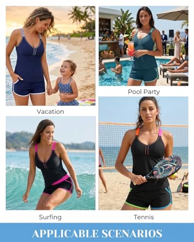 Image of Talisea Women 2 Piece Tankini Swimsuit with Pockets Boy Shorts Modest Bathing Suit Tummy Control Tank Top