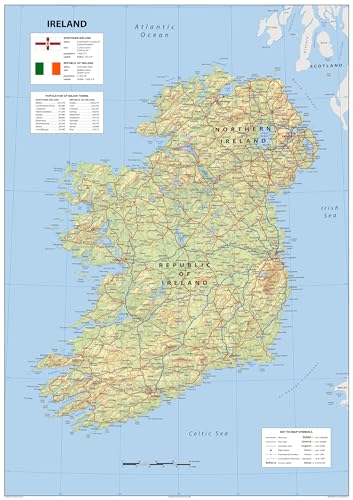Affiche détaillée de l'Irlande physique - 58,4 x 41,9 cm - Papier laminé