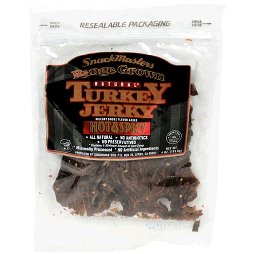 SnackMasters All Natural Range Grown Gourmet Turkey Jerky, Hot & Spicy, 4 oz