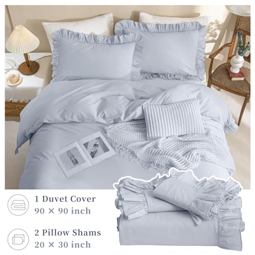 Image of QSH Ruffle Duvet Cover Queen Size Washed Cotton,3pc Linen Feel Farmhouse Shabby Vintage Ruffled Bedding Set French Country Rustic Cornflower Blue Comforter Cover Aesthetic Soft Quilt Cover Set