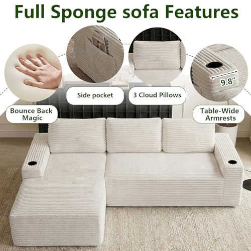 Image of 104.3 inch Modular Sectional Sofa,Modern Corduroy Cloud Couch with Cup Holder & Side Pockets,Boneless Couch Upholstered 3-Seater L-Shaped Sofa for Living Room,No Assembly (White, Left-Facing Chaise) | with Cup Holder