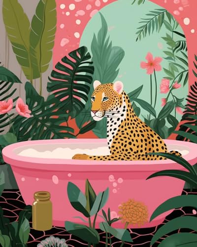 Peinture par numéros léopard pour salle de bain - Toile déco bien-être 40x50 cm