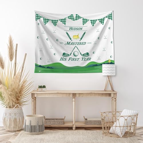 Mastered His First Year Golf Birthday Tapestry, Custom 1St Bday Banner For Boy, Personalized Golf Themed Party Backdrop, Green Masters Style Wall Sign, Hole In One Birthday Decor (60)