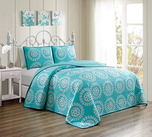 3 Piece Queen Size Turquoise Blue White Fine Printed Scroll Patterned Lightweight Quilt Set Reversible All Season Bedspread Soft Coverlet Bed Cover with Matching Pillow Shams