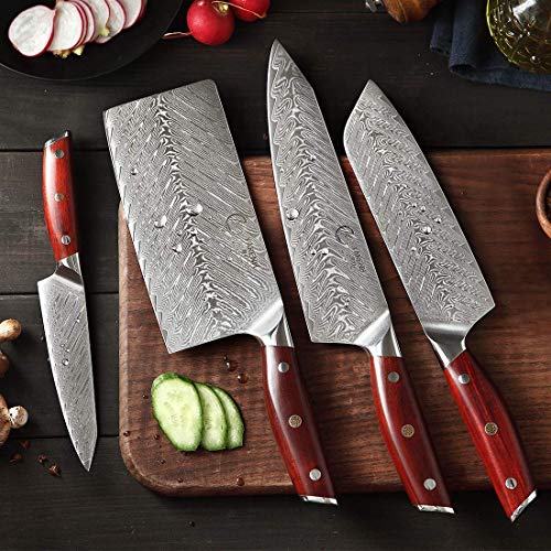 Yarenh Professional Chinese Cleaver Knife Set 4 Piece - Japanese Damascus Stainless Steel - Full Tang - Galbergia Wood Handle - Sharp Vegetable Knives Sets - Ktf-Series #TOP4