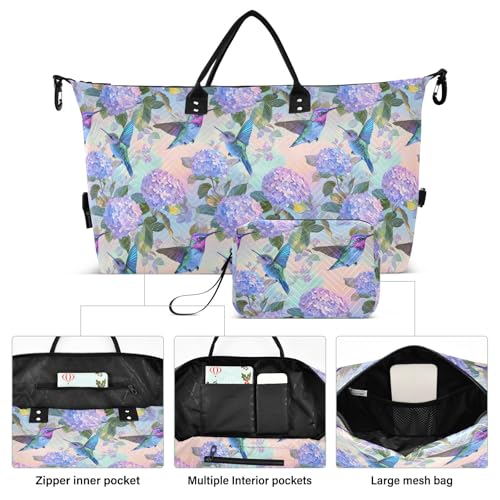 Large Travel Duffel Bag Sports Tote Gym Bag Overnight Weekender Bags Hummingbird Hydrangea Carry On Luggage with Toiletry Bags2