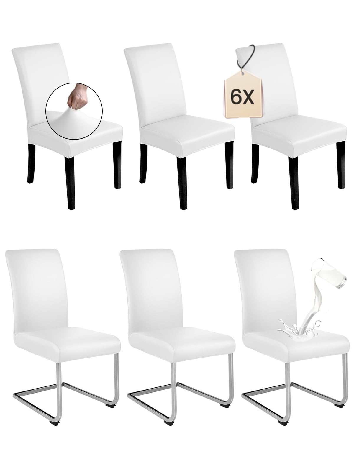 Lot de 6 housses de chaise en cuir synthétique blanc, élastiques et imperméables, lavables et amovibles, universelles pour salle à manger, cuisine, restaurant, hôtel et mariage