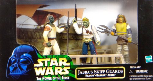 Star Wars 1998 The Power of The Force 3-Pack Movie Scene 4 Inch Tall Action Figure Set - Jabba's Skiff Guards with Klaatu, Barada and Nikto Figures Plus Display Base