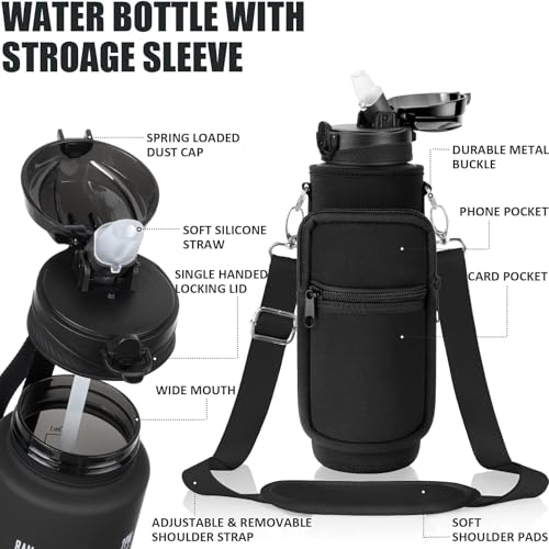 Image of Fimibuke 32 oz Water Bottle with Sleeve - BPA Free Leakproof Sport Large 1L Plastic Motivational Water Bottle with Straw & Strap & Insulated Neoprene Holder Carrier Bag for Women Men(A1.Black)