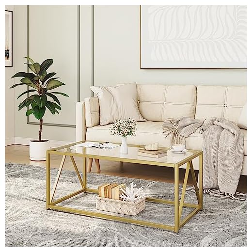 HOOBRO Glass Coffee Table, Gold Coffee Tables for Living Room, Gold Glass Coffee Table,1 Layer Center Table, Modern, for Apartment, Office, 100 x 50 x 45 cm, Easy Assembly, Golden EGD04KF01