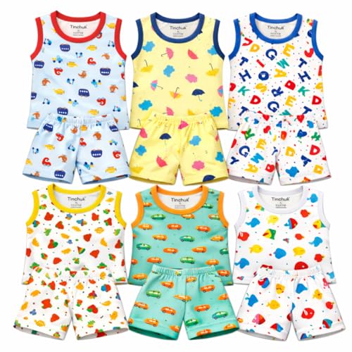Image of Tinchuk Cotton Sleeveless T-Shirt and Shorts Hero Print Set Pack of 12 (6 Tshirt + 6 Shorts) Multi-Coloured 