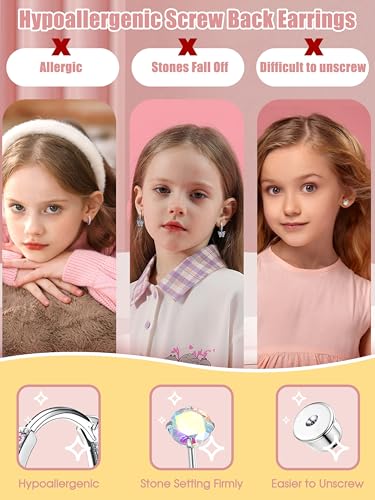 THUNARAZ Hypoallergenic Screw Back Earrings for Girls Women Surgical Stainless Steel Screwback Earrings Huggie Hoop Stud Earrings for Sensitive Ear Cute Heart Flower Bow Pearl Drop Dangle Earrings 20G4