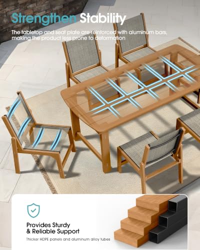 Image of Ciokea HDPE Outdoor Dining Chair, Patio Stackable Porch Chairs, Teak | All-Weather Armless Furniture with Breathable Teslin Fabric. Suitable for Outdoor Leisure in Backyard, Pool, Lawn & Garden..