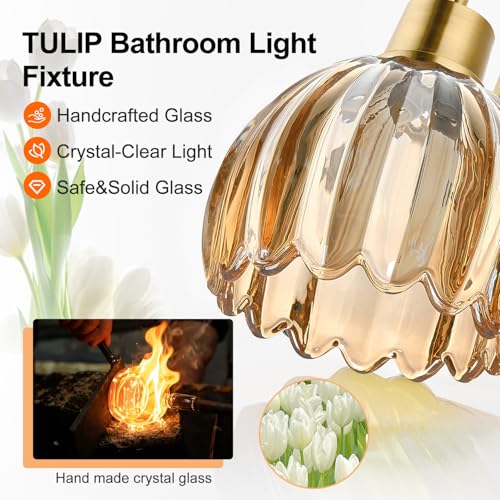 Image of Bathroom Light Fixtures, 2-Light Brushed Gold Vanity Lights for Bathroom with Ribbed Amber Tulip Glass Shade, Vanity Lights Over Mirror for Bedroom, Living Room, Hallway