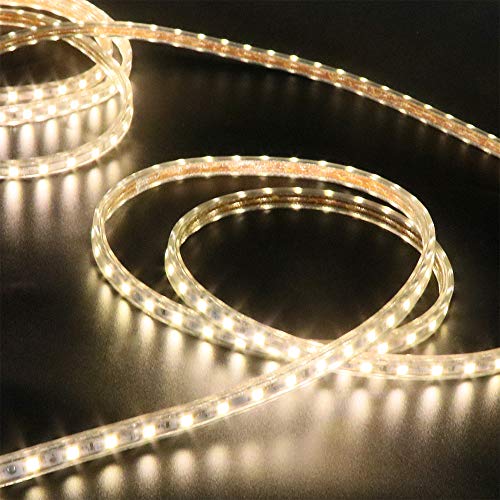 XUNATA 25m Strisce LED 220V con Interruttore e Alimentatore, 5050 60LED/m, IP65 Impermeabile, Flessibile Striscia a LED per Scaletta Tetto Cavi da Cucina Decorazione- Bianco Caldo