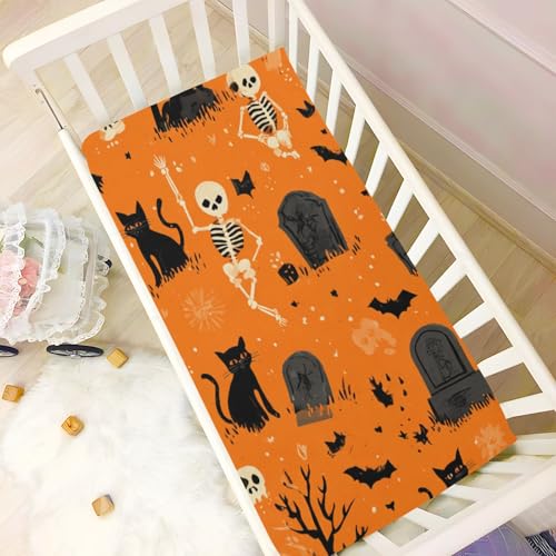 Image of Crib Sheet Breathable Soft Crib Mattress Sheet for Baby Toddler Boys Girls Fitted Crib Sheet Fit Standard Crib Mattress 52 x 28 Inch Halloween Orange Skeletons Cat Bats Tombstones Trees