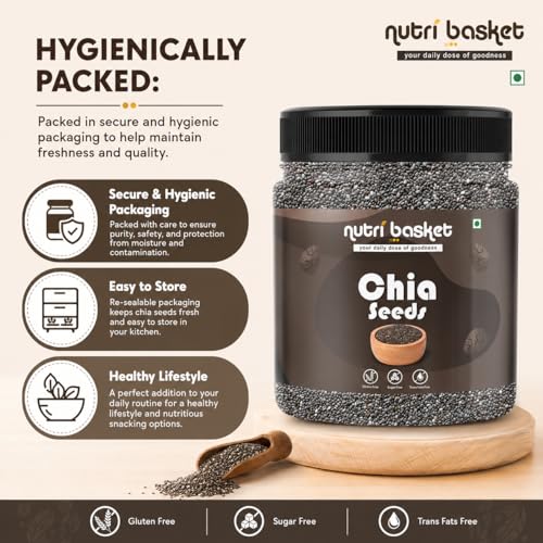 Image of NUTRI BASKET Premium Chia Seeds 250g | Raw & Non-GMO Chia Seeds for Eating | Rich in Fiber, Protein, Calcium & Omega 3 | Healthy Superfood for Smoothies, Salads, Baking & Diet Food