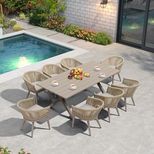 Image of PURPLE LEAF 9 Pieces Outdoor Dining Set with Patio Aluminium Dining Table and Wicker Rattan Chairs Modern Furniture Cushions Sets for Backyard Indoor Decor Kitchen Champagne