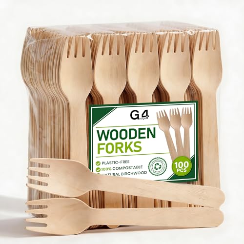 G4GADGET 100x Wooden Forks - Disposable Biodegradable Birch Wood Utensils for Parties Picnics Weddings BBQs and Events
