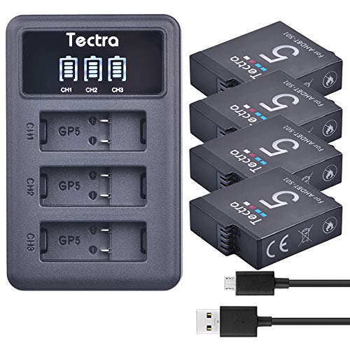 Tectra GoPro Hero 5/6/7 Replacement Batteries (4-Pack) and 3-Channel LED Display USB Charger for GoPro Hero 7 Black, Hero 6 Black,Hero 5 Black,Hero 2018(Fully Compatible with Original)