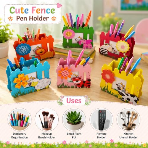 Image of GOLD LEAF Wooden Pen Stand with Photo Frame DIY Craft Kit for Kids, Multicolor Birthday Return Gifts, Desk Organizer, Paintable Wooden Pencil Holder, Pack of 6 (Fence)
