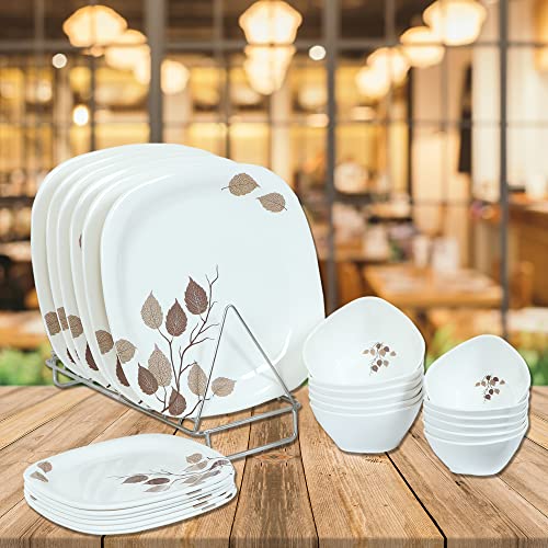 Image of Golden Fish Melamine Leaves Printed Square 6 Full Dinner Plates, 6 Half Plates & 12 Veg. Bowl Set|| Mini Dinning Set 24