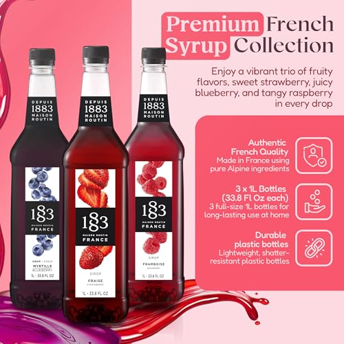 Image of 1883 Strawberry, Blueberry, Raspberry Syrups with Pumps (Berry Lovers) for Drinks - 1 Liter Plastic Bottles (Pack of 3)