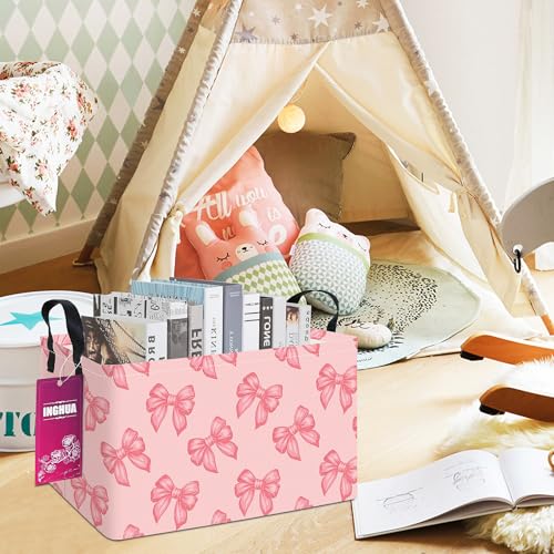 Image of Rectangular Storage Basket Fabric Organizer Bin for Toys,Books,Clothes,Gifts,Pets-Perfect for Home,Office,Nursery,Dorm,Shelf(Rec-Pink bowknots )