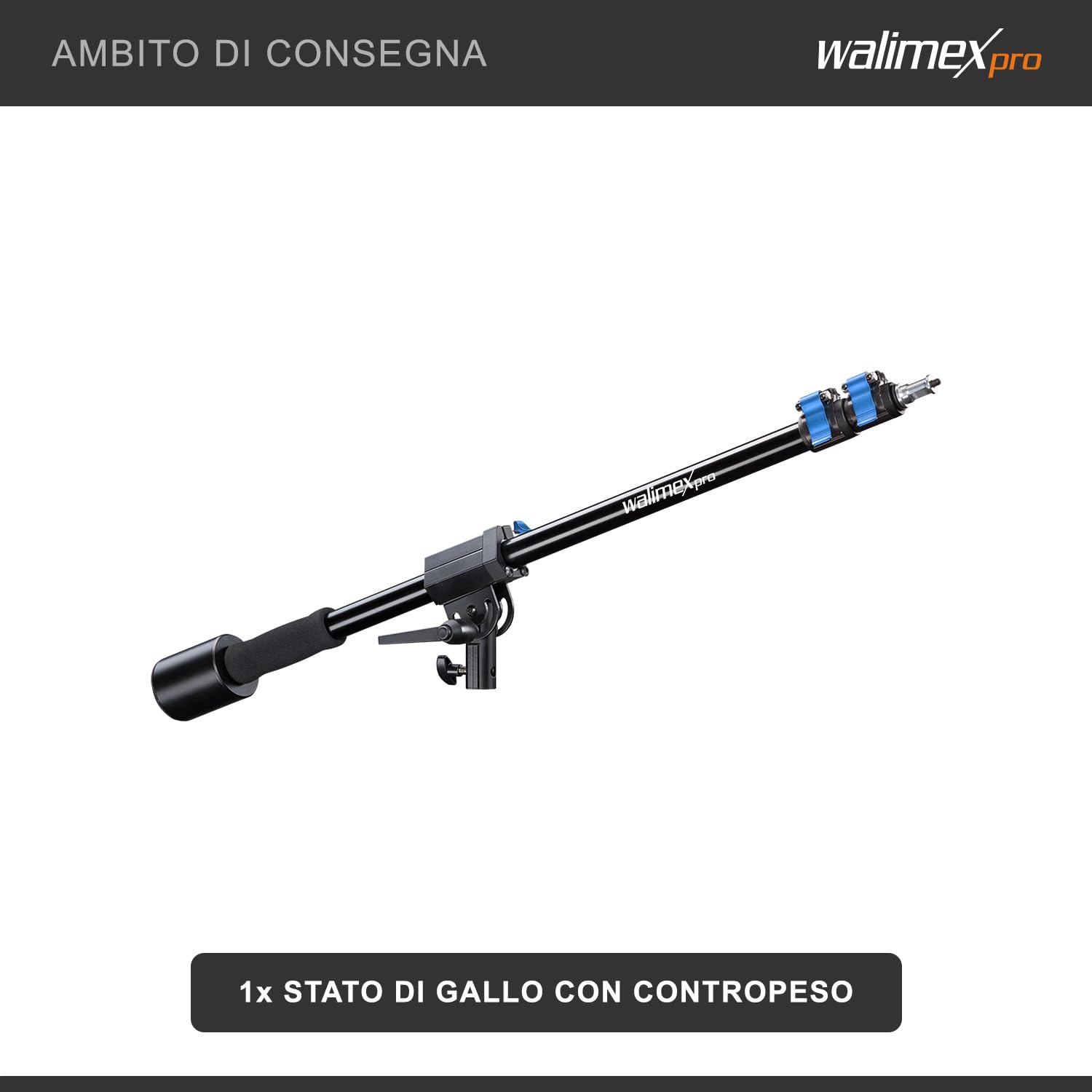 Walimex Pro Boom (contrappeso 70-183 cm, braccio, braccio di estensione, testa girevole, braccio in alluminio con 3 sezioni, altezza e lunghezza regolabili, capacità di carico da 2 a 5 kg), nero