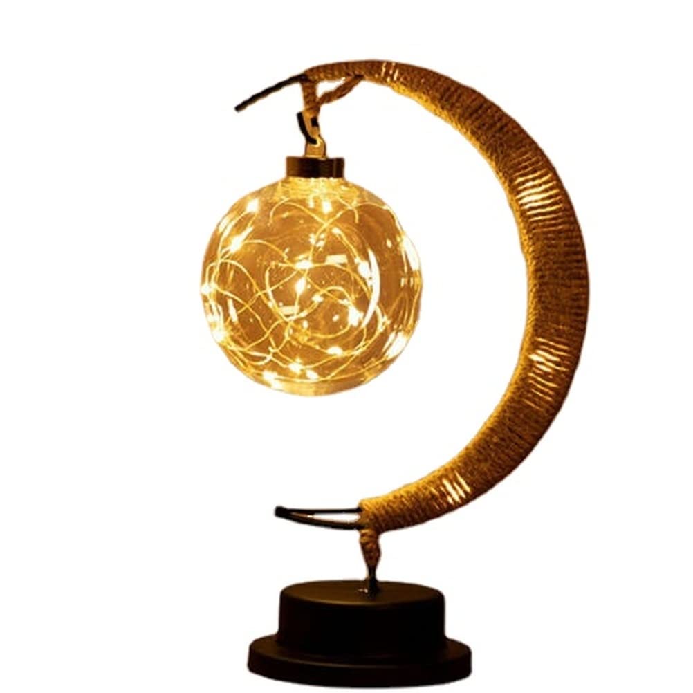 ansu Bedside Table Lamps Hemp Rope Moon Night Light Wrought Iron Handmade Takraw Decoration