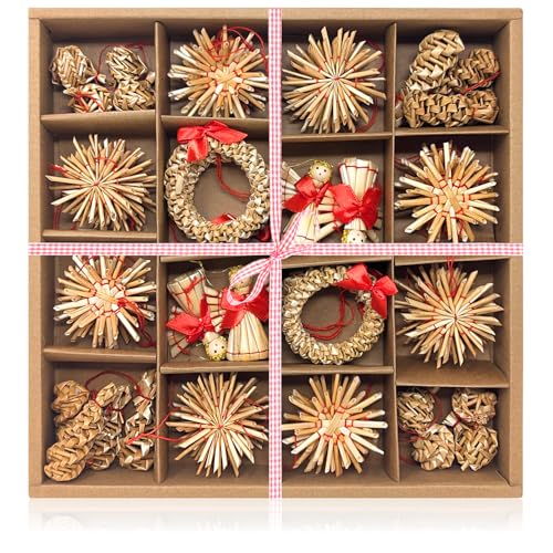 com-four® 56-teiliges Strohsterne Set - Sterne, Glocken, Tannen und...