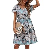 Vestido casual de verano para mujer, con cuello en V, mini vestido floral, vestido de manga corta con volantes, vestido de verano acampanado para mujer, vestidos casuales de verano