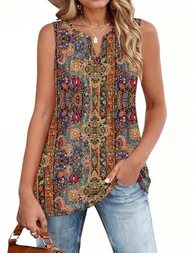 Zeagoo Sleeveless Shirts for Women Casual Pleated Summer V Neck Floral Print Tunic Tank Top for Leggings