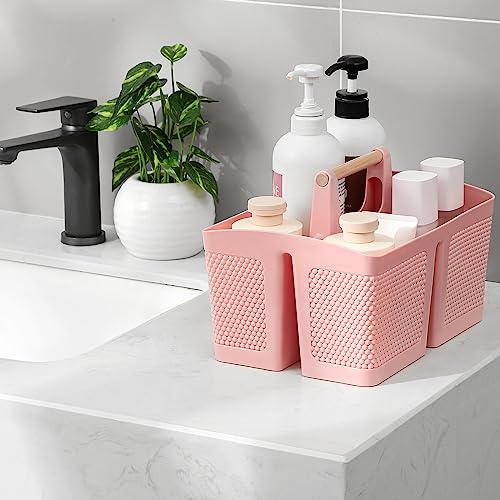 Image of rejomiik Portable Plastic Shower Caddy with Bamboo Handle, Pink