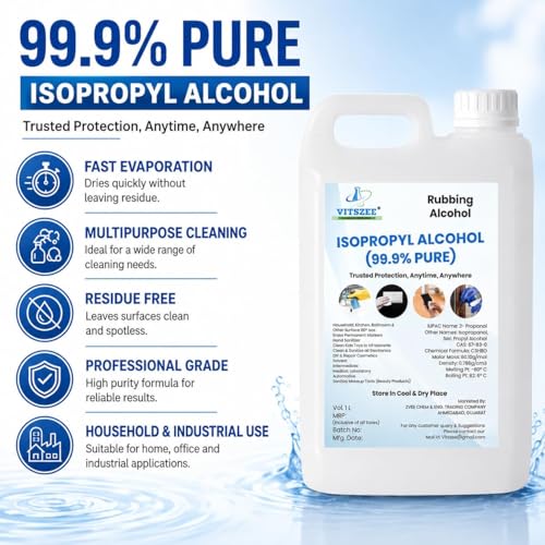 Image of VITSZEE 99% Pure Isopropyl Alcohol (IPA) 1 Litre | High Purity Cleaning & Disinfecting Solution | Fast Evaporation | Residue Free | Electronics, PCB & Surface Cleaner