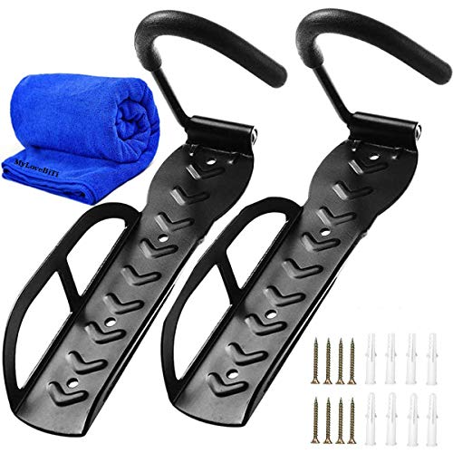 Soportes de Pared para Bicicleta Set de 2 Gancho para Colgar Bicicleta de Acero Bastidores para Bicicletas Ganchos para Bicicleta con Tornillos y Toalla de Limpieza, para Colgar o Exponer Bicicletas