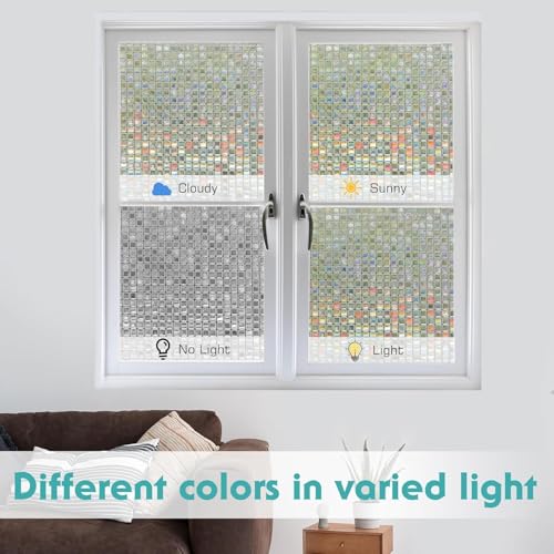 Image of CREON Window Privacy Film Stained Glass (24 X 508 Inch) Rainbow Mosaic Decorative Static Glass, Removable Vinyl UV Blocking Stickers for Home,Office