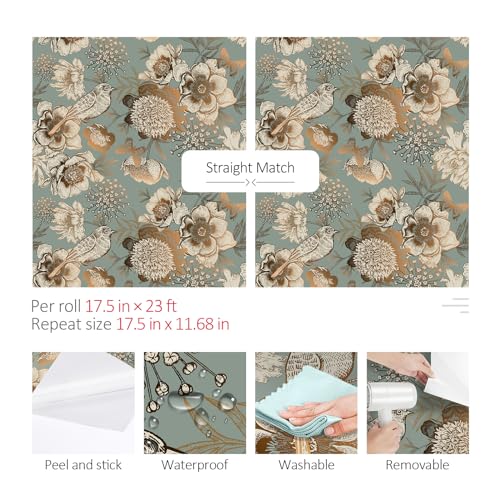 Image of ReWallpaper 44.5 cm x 7 m Photo Wallpaper Flowers Vintage Self-Adhesive Wallpaper Green Gold with Birds and Flowers Adhesive Wallpaper