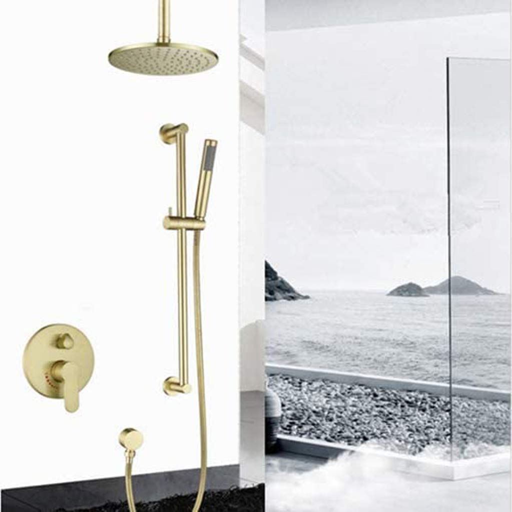 Ducha clásica, Techo Oculto, baño, latón, Redondo, 8-12 Pulgadas, Grifo de Ducha Tipo Lluvia de Oro Cepillado con Juego de Barra Deslizante, Juego de Ducha de Lujo, 8 Pulgadas