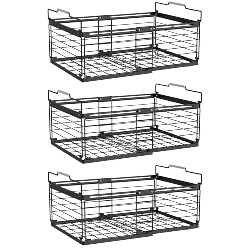 Image of NADAMOO Freezer Organizer Bins, 3 Packs Large Expandable Stackable Chest Freezer Containers with Handle, Metal Adjustable Storage Baskets for Fridge, Deep Freezer, Cabinet, Kitchen, Pantry - Black